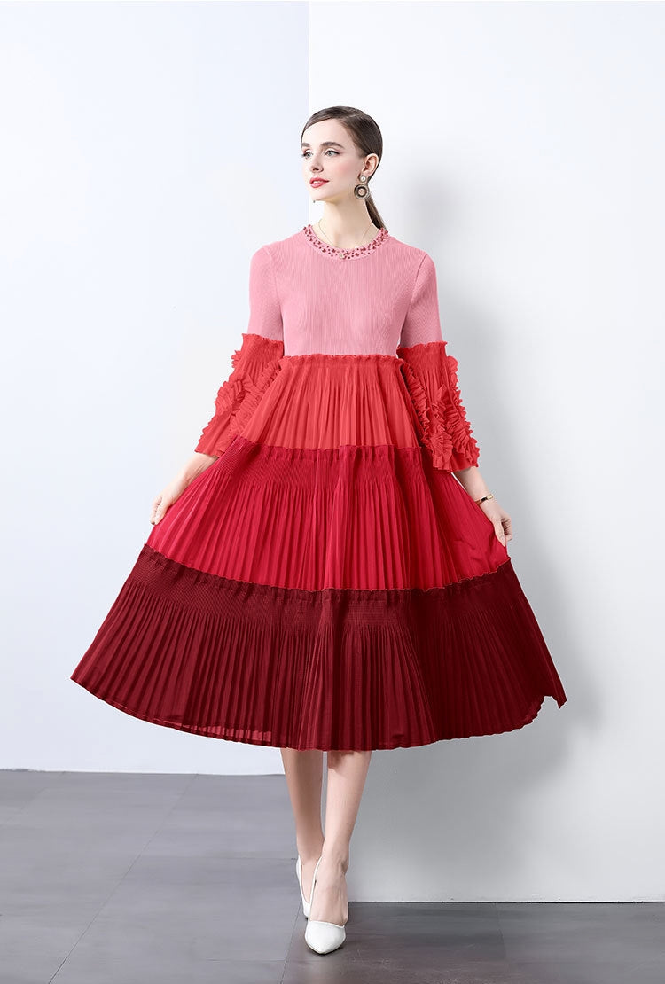 Red Ombre Pleated Midi Dress