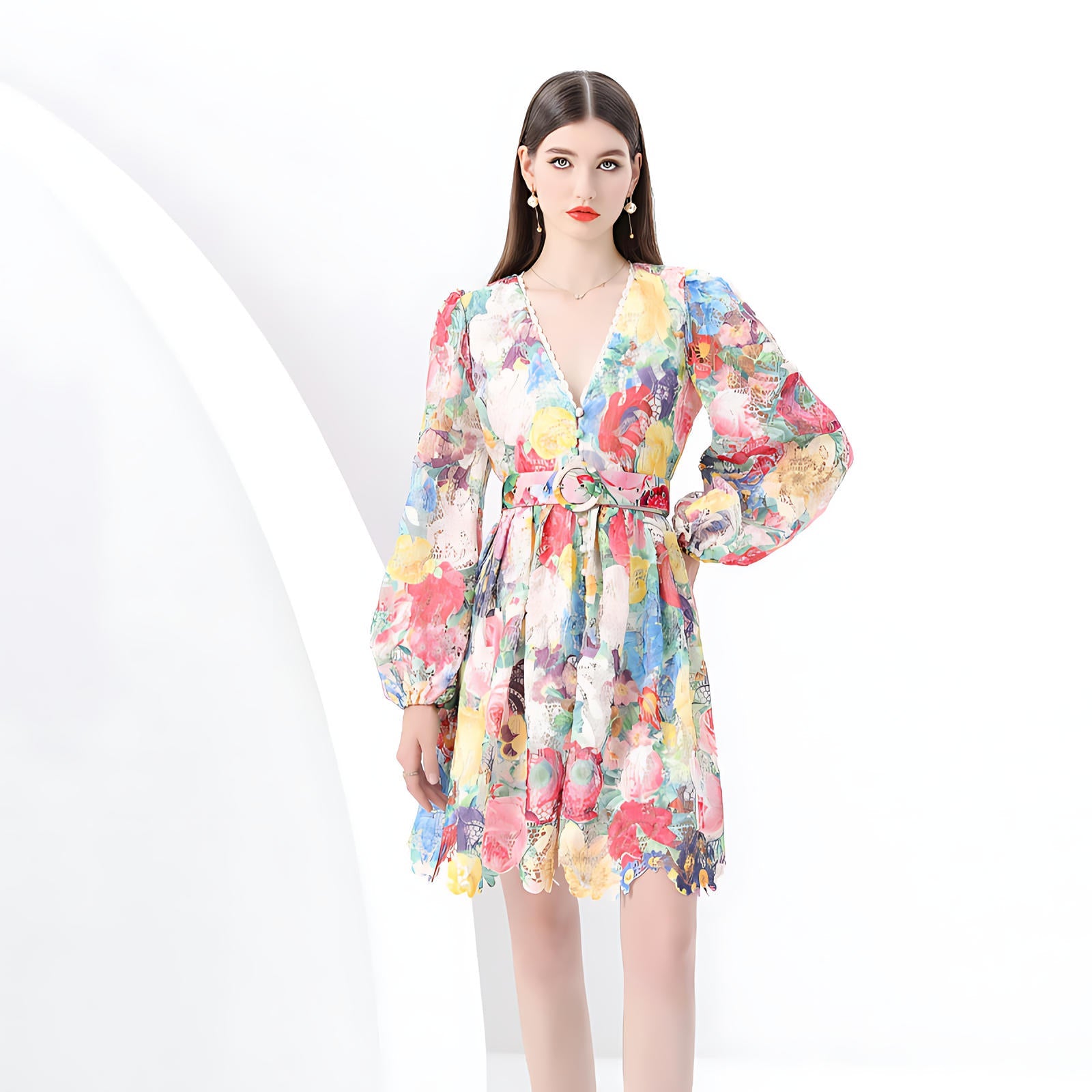 Floral V-Neck Belted Dress