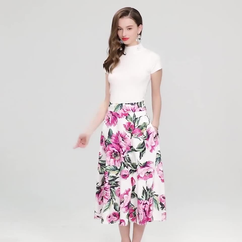 White Floral Midi Skirt Two Piece Set