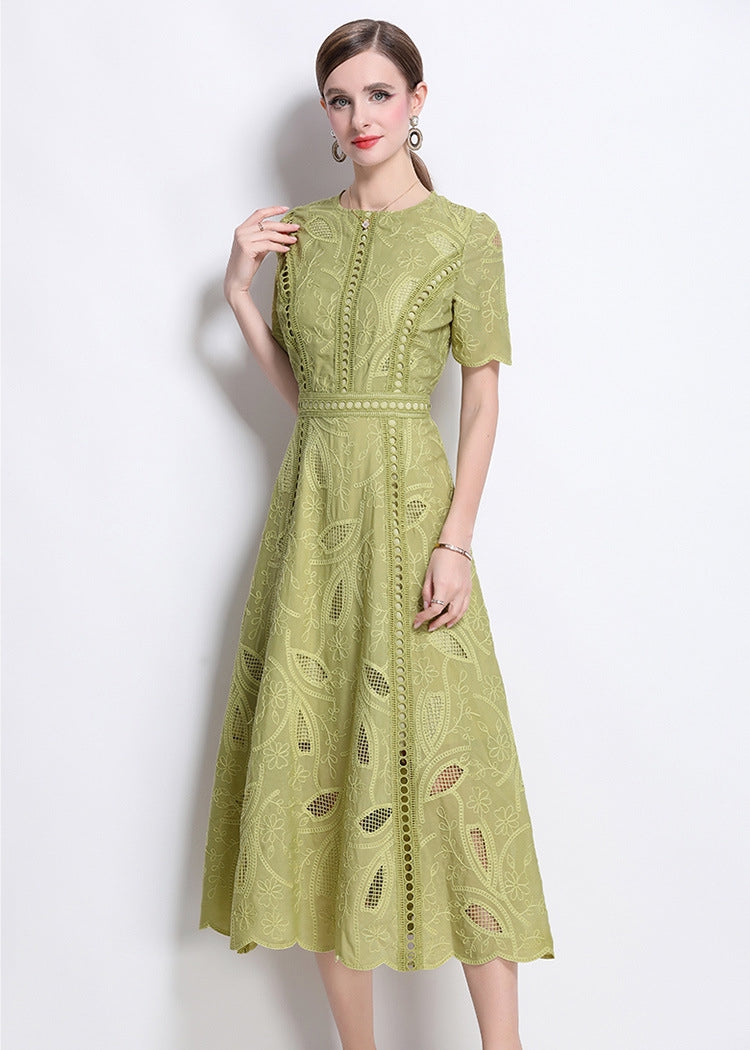 Olive Whisper Embroidered Midi Dress