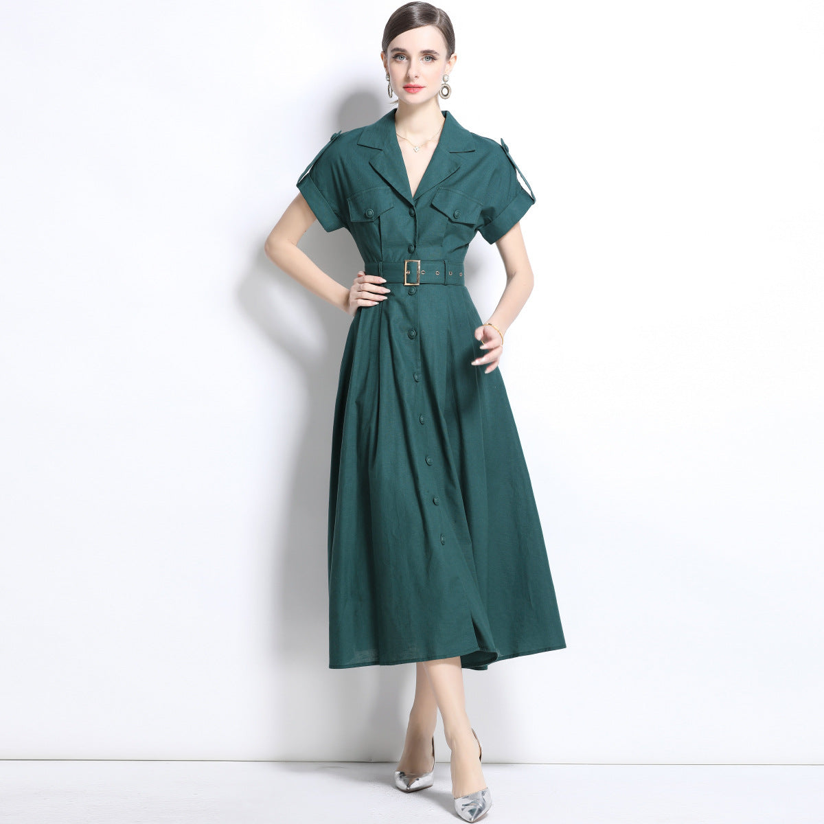 Emerald Green Military Midi Dress With Belt