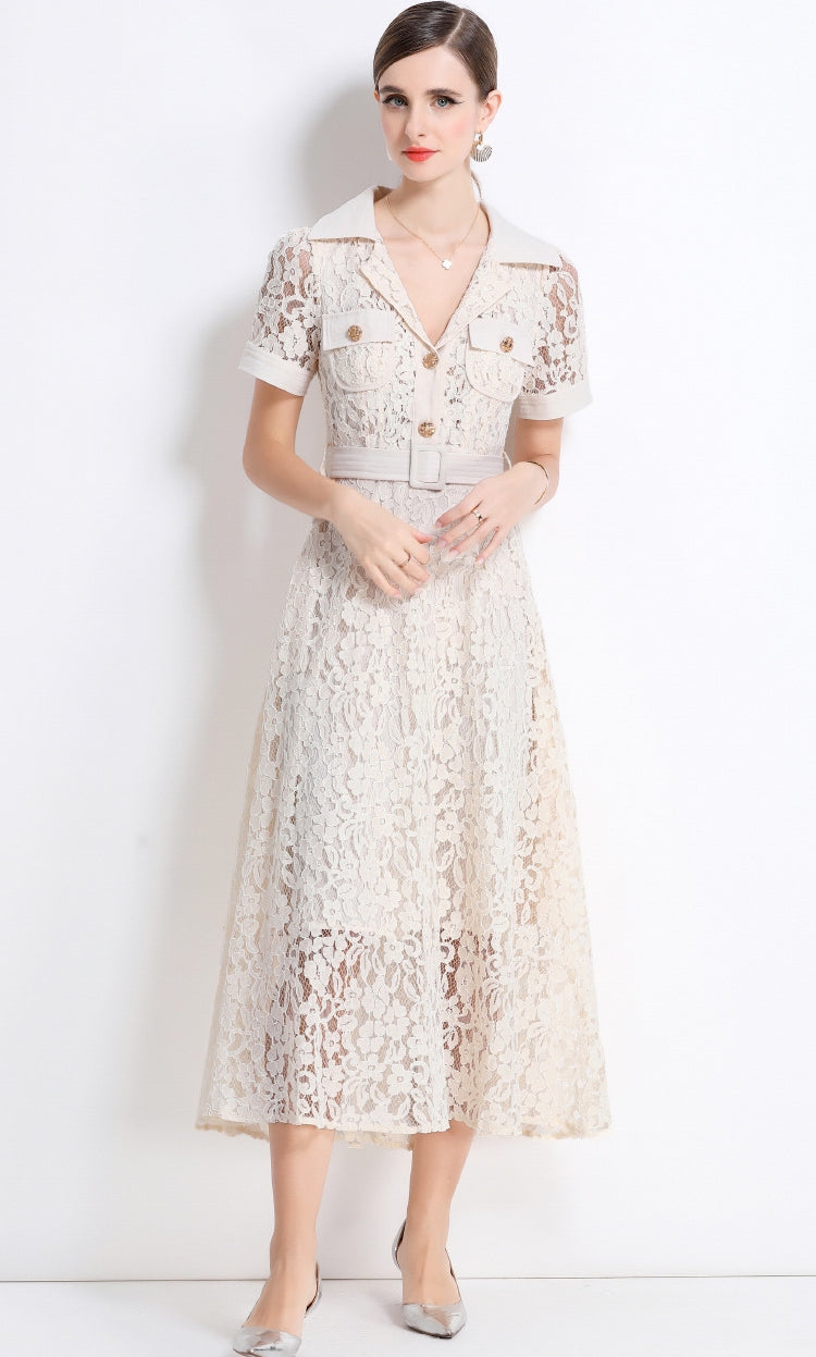 Cream Lace Utility Midi Dress
