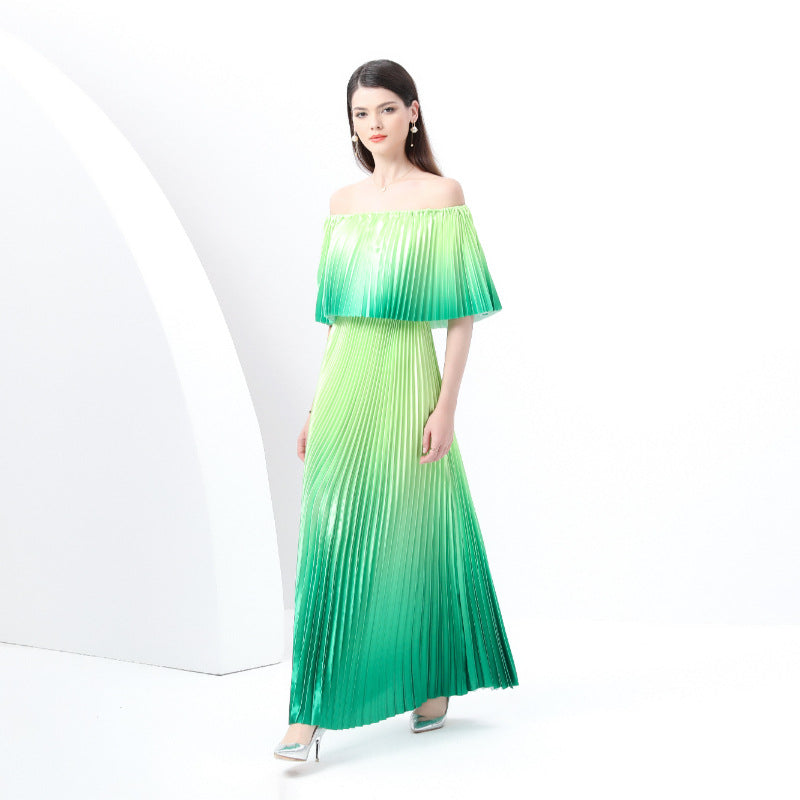 Off-Shoulder Green Ombre Pleated Maxi Dress