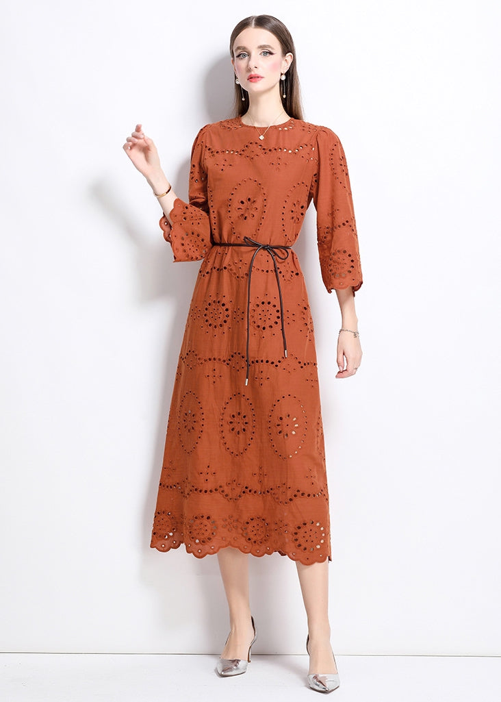 Terracotta Eyelet Midi Dress - 902368523846_BROWN