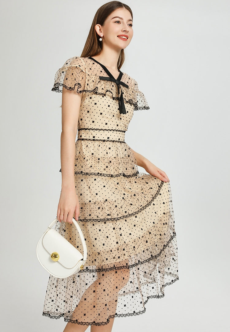 Midnight Dots Sheer Layered Midi Dress - 906831310848_APRICOT