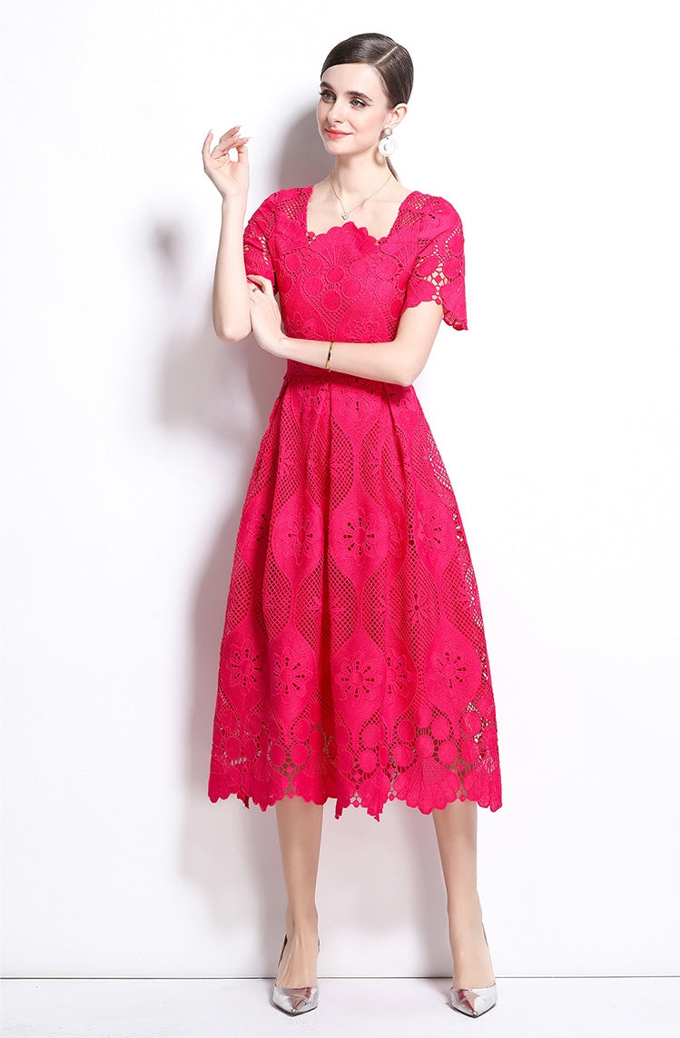 Bold Pink Lace Midi Dress