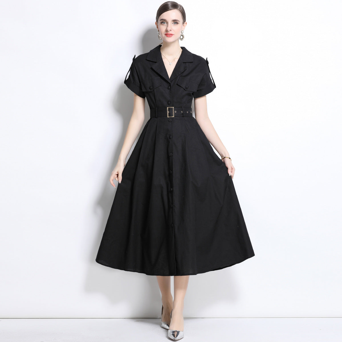 Black Belted Military-Inspired Midi Dress