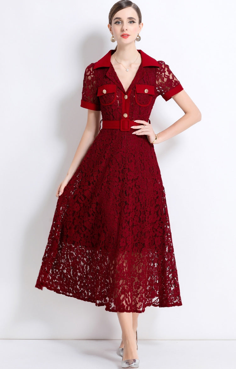 Burgundy Lace Military Midi Dress