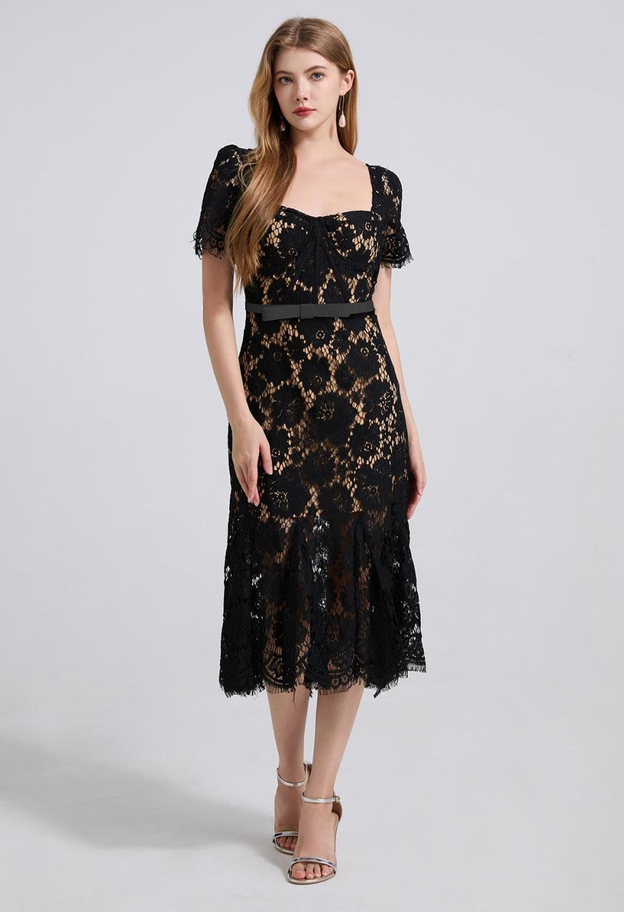 Midnight Elegance Black Lace Midi Dress - 912087138600_BLACK