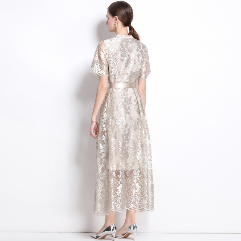 Luxe Embroidered Lace Midi Dress with Belt - 901024775521_APRICOT