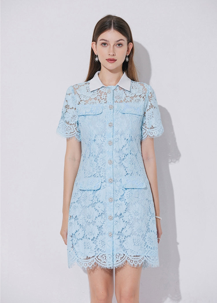 Bella Azure Collared Lace Mini Dress - 901753717898_BLUE