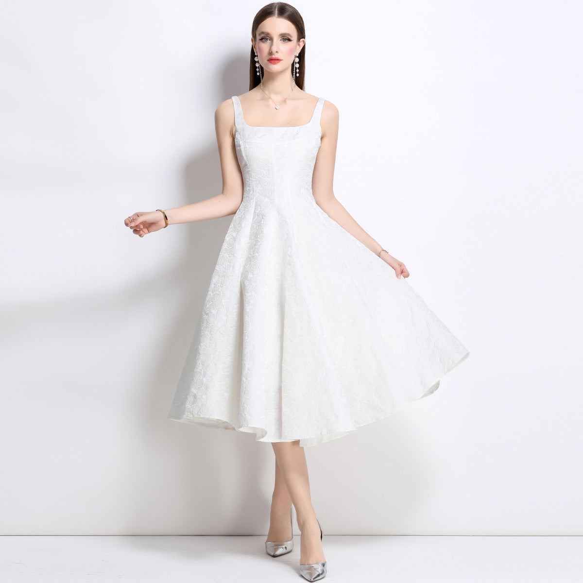 Elegant White Jacquard Midi Dress