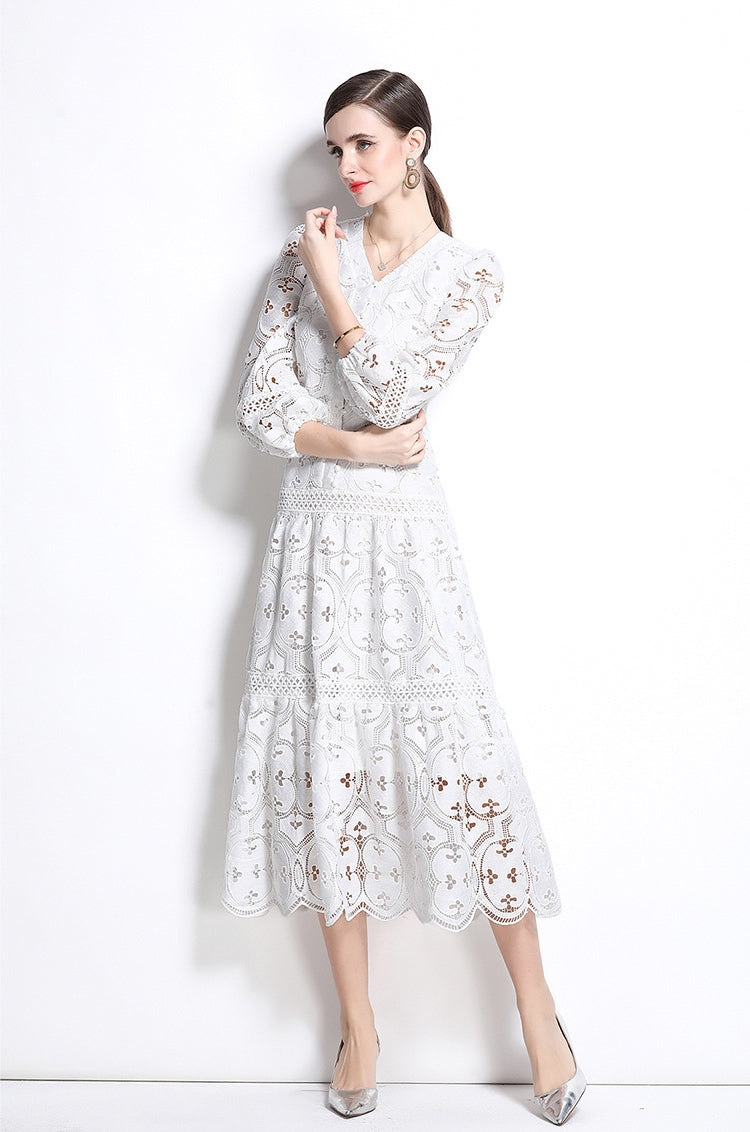 White Boho Lace Midi Dress