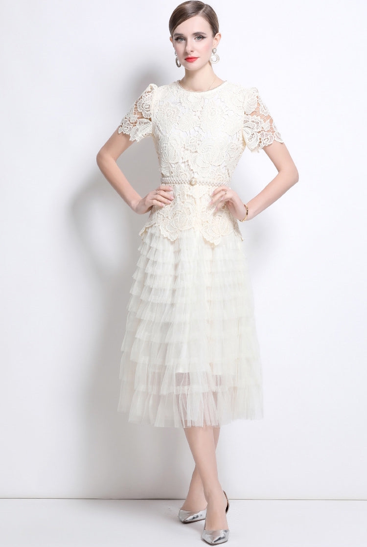 Vintage Bloom Lace & Tulle Midi Dress With Pearl Belt