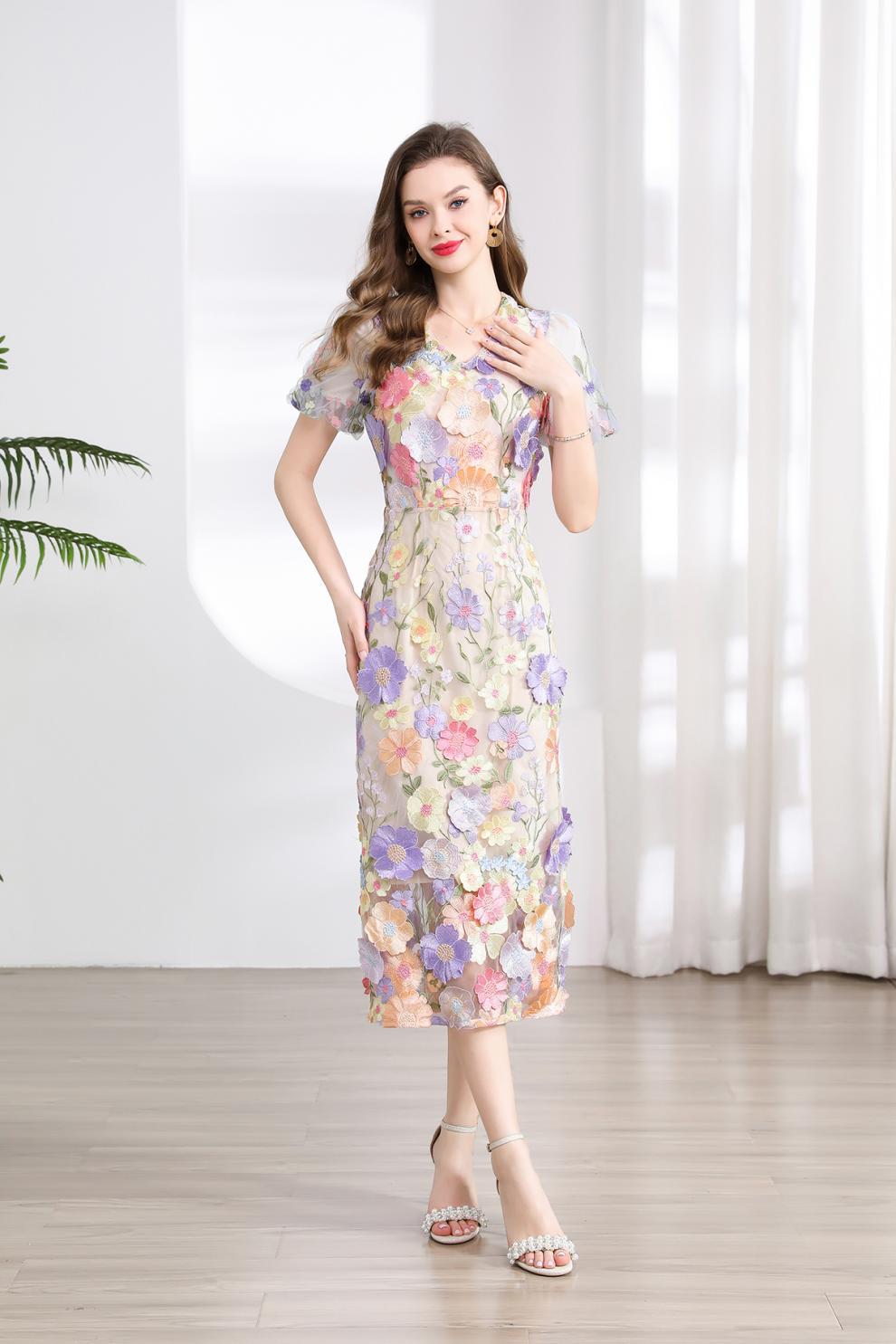 Elegant Floral Embroidered Mesh Midi Dress
