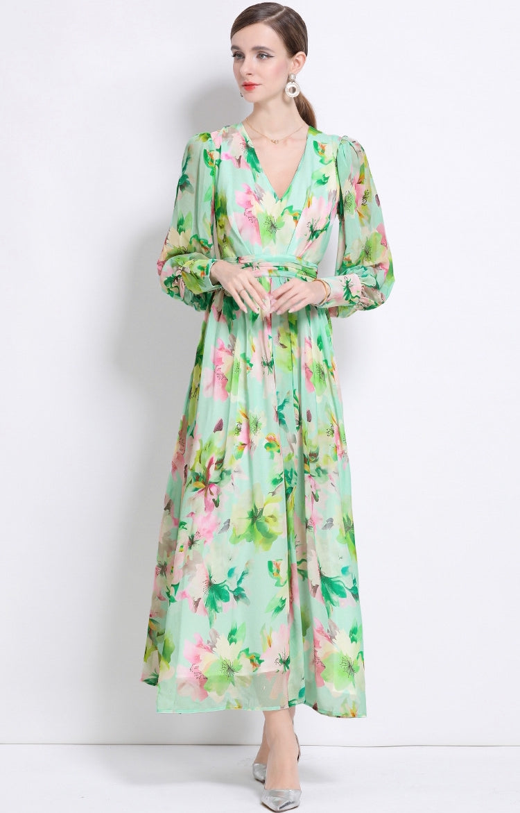Mint Blossom Chiffon Maxi Dress