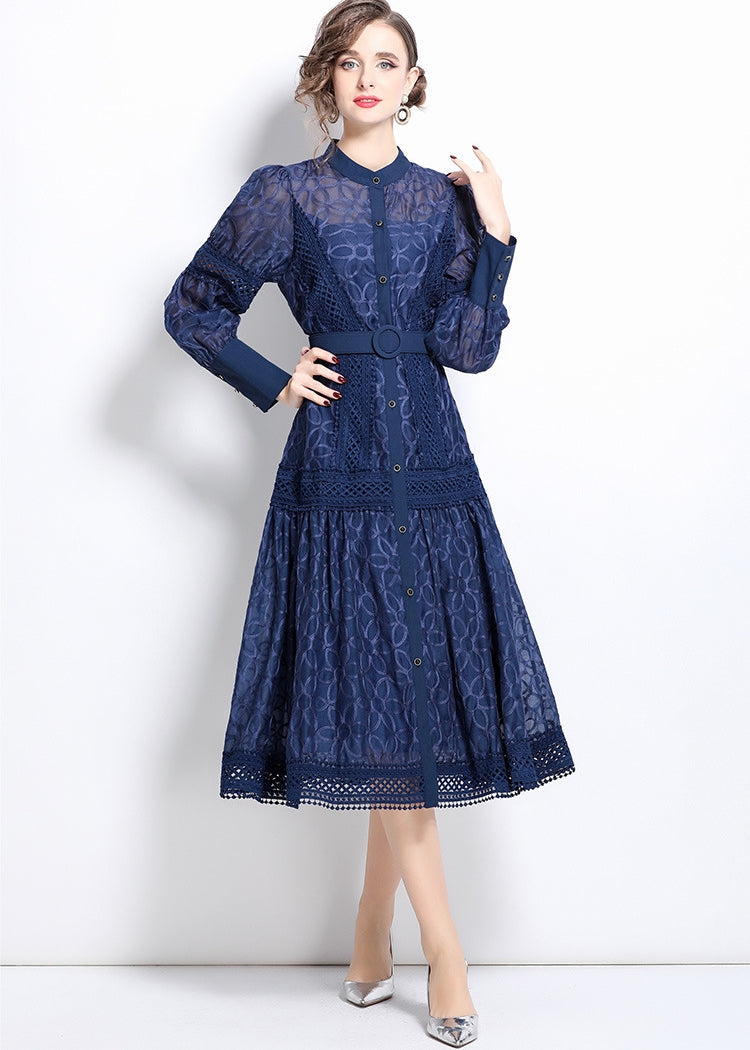 Elegant Navy Blue Lace Midi Dress with Belt