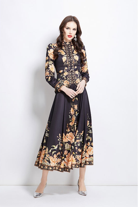 Elegant Black & Gold Floral Print Blouse & Maxi Skirt Set