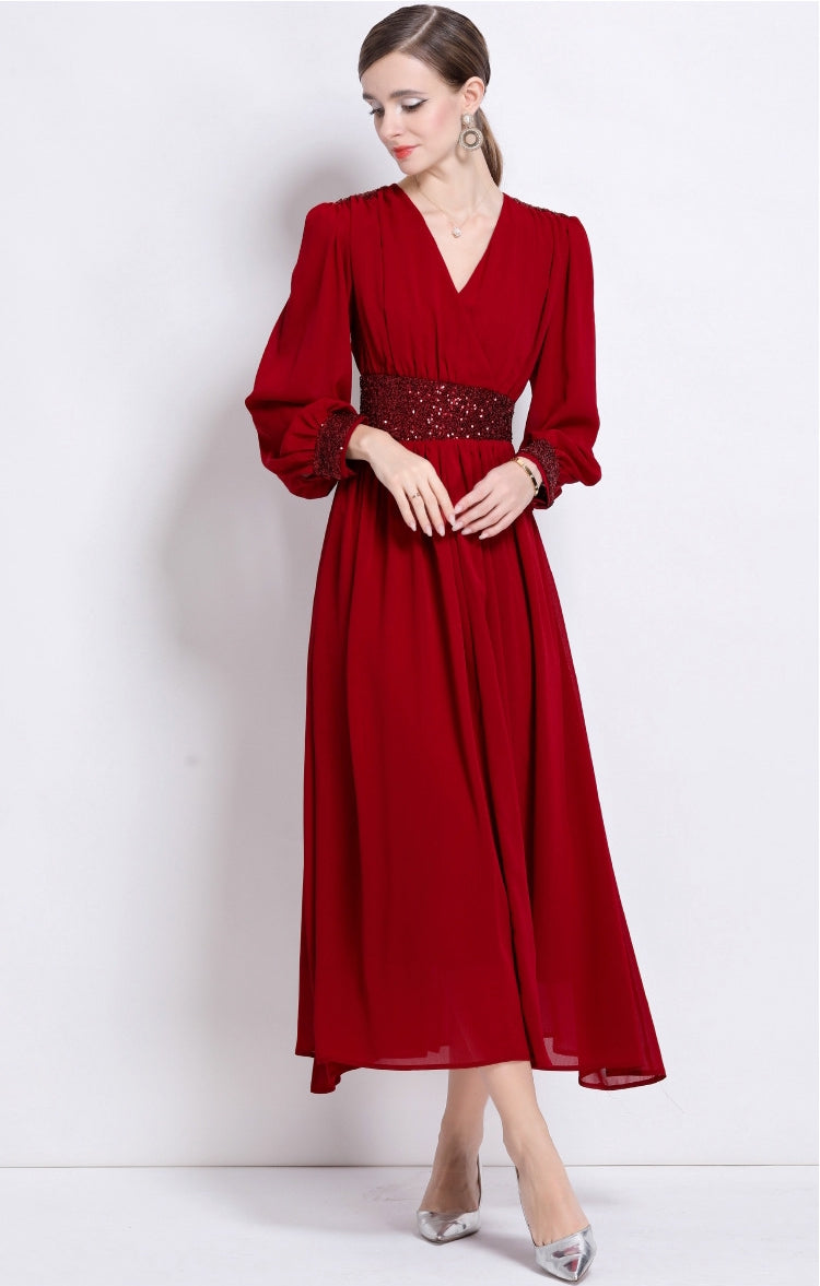 Crimson Elegance Sequin Waist Maxi Dress