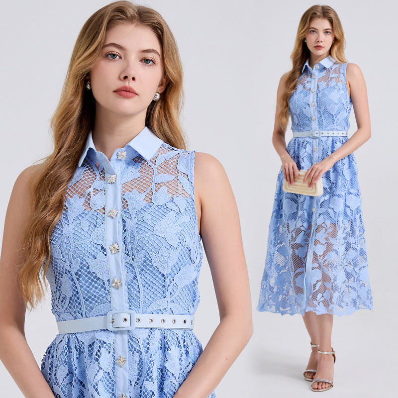 Sky Blossom Sleeveless Lace Midi Dress - 919430221311_BLUE