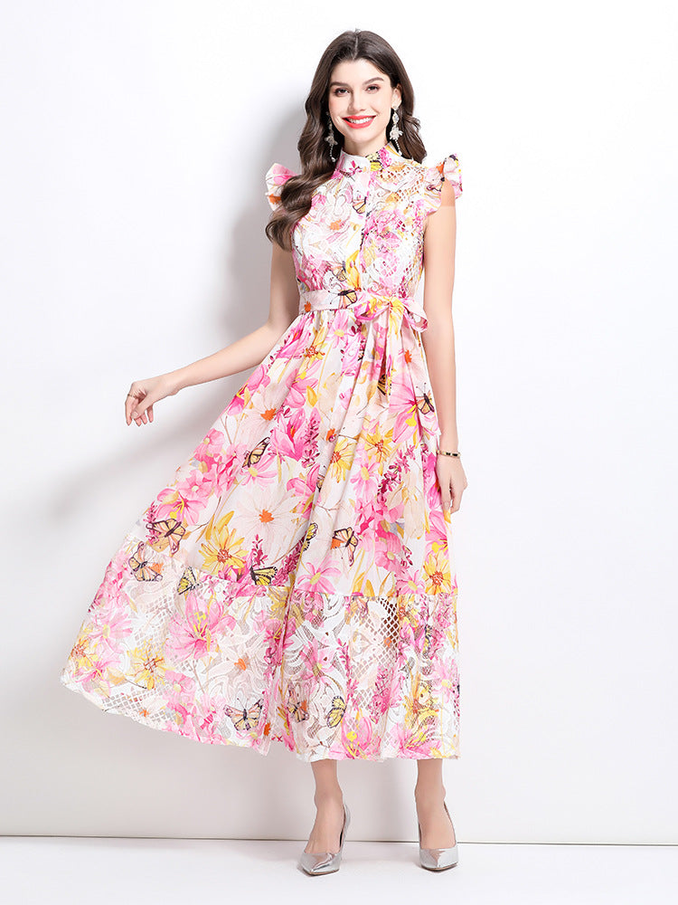 Pink Floral High-Neck Maxi Dress