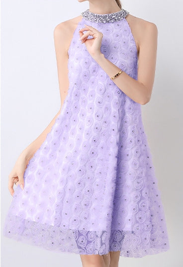 Lavender Bloom Halter Dress with Rosette Lace