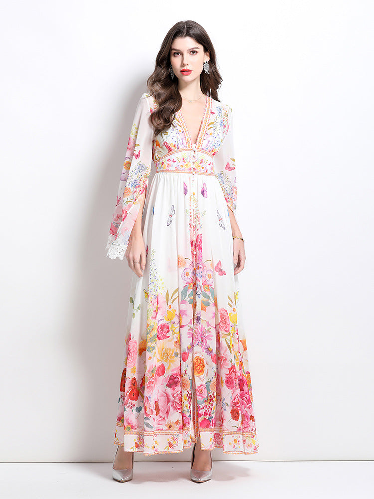 Bohemian Floral Bell-Sleeve Maxi Dress