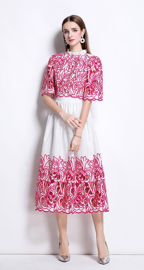 Red Embroidered Cutout Two Piece Dress