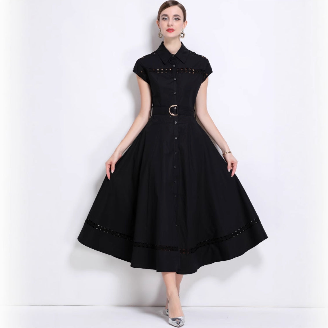 Midnight Grace Belted Shirt Dress
