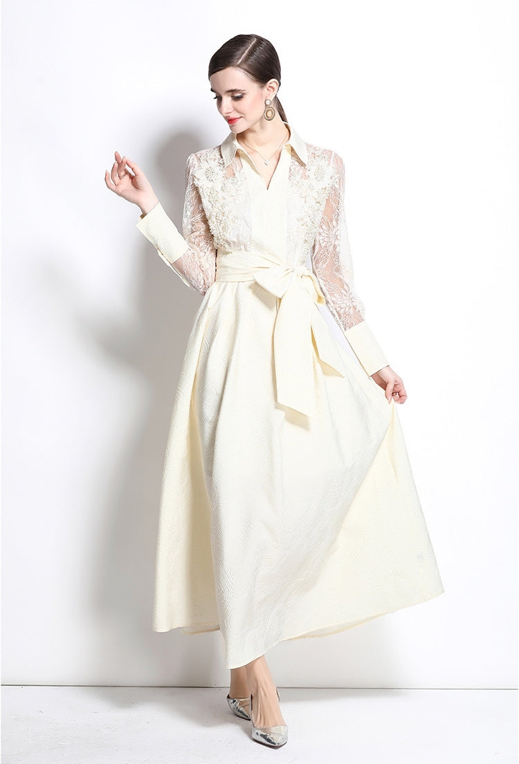 Elegant Lace Sleeve Belted Midi Dress