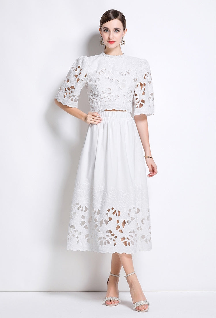 White Embroidered Cutout Two Piece Dress