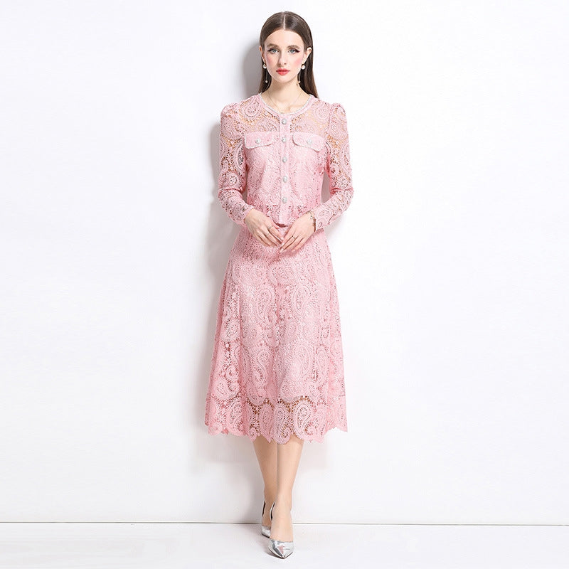 Elegant Long-Sleeve Lace Midi Dress – Blush Pink