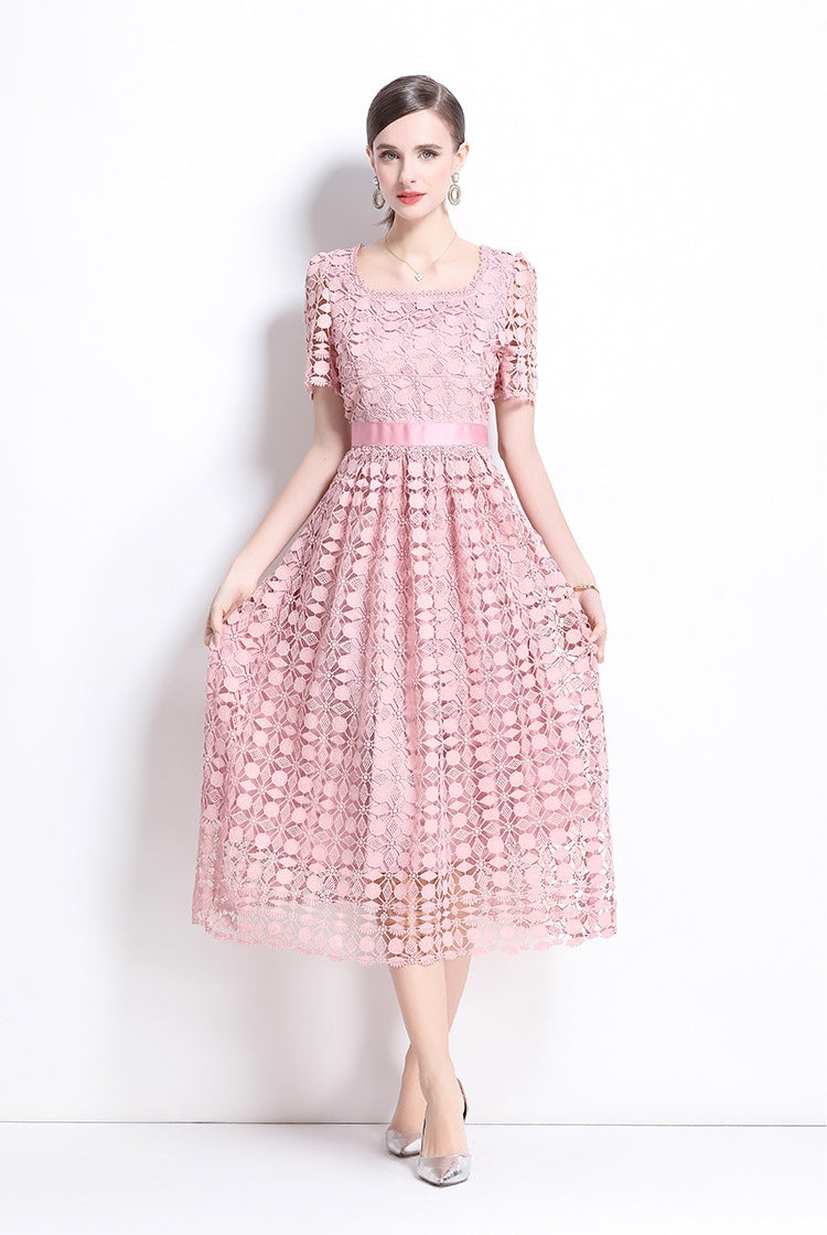 Elegant Pink Lace Midi Dress