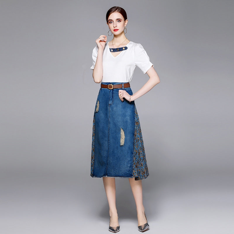 Vintage Denim Patchwork Skirt with Puff Sleeve Blouse