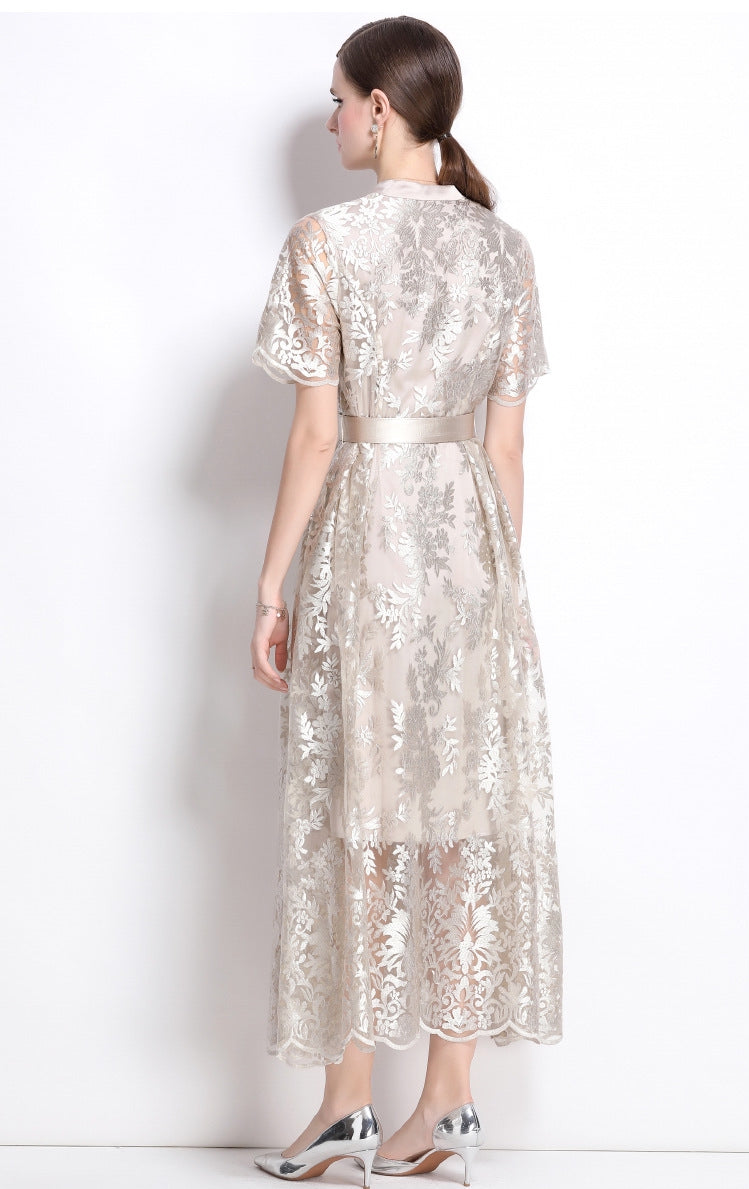 Luxe Embroidered Lace Midi Dress with Belt - 901024775521_APRICOT