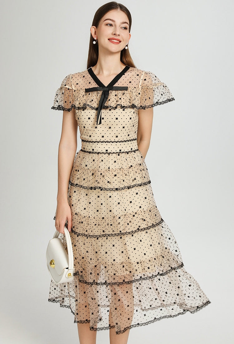 Midnight Dots Sheer Layered Midi Dress - 906831310848_APRICOT