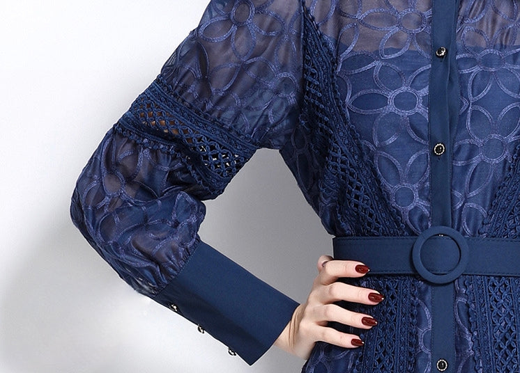 Elegant Navy Blue Lace Midi Dress with Belt