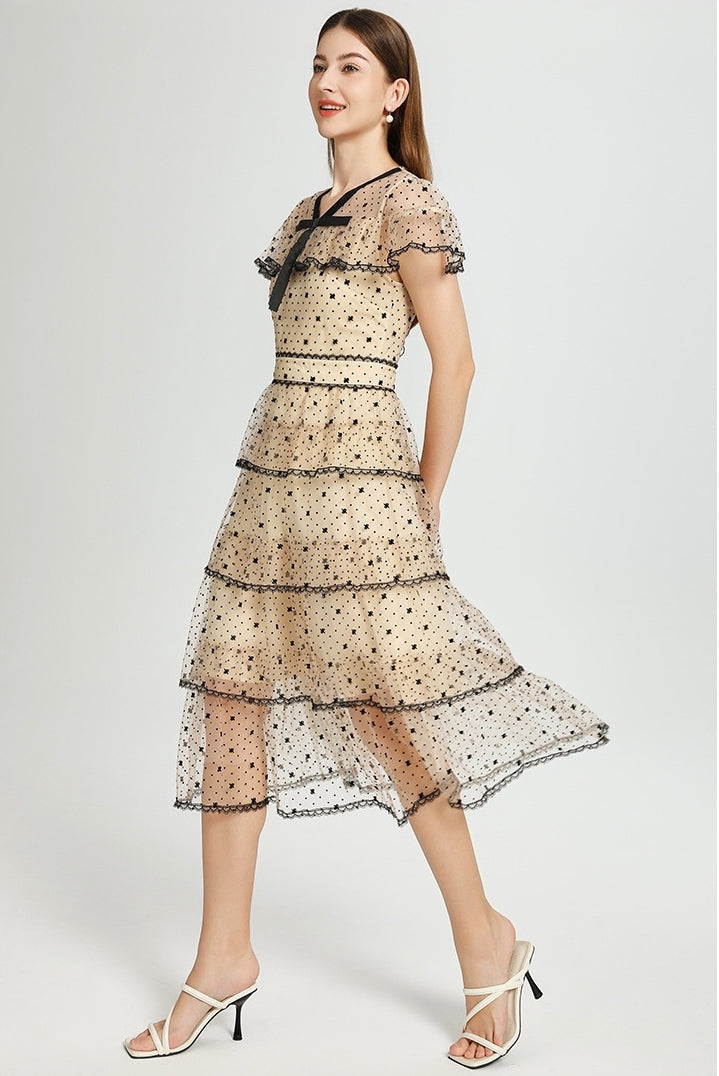 Midnight Dots Sheer Layered Midi Dress - 906831310848_APRICOT