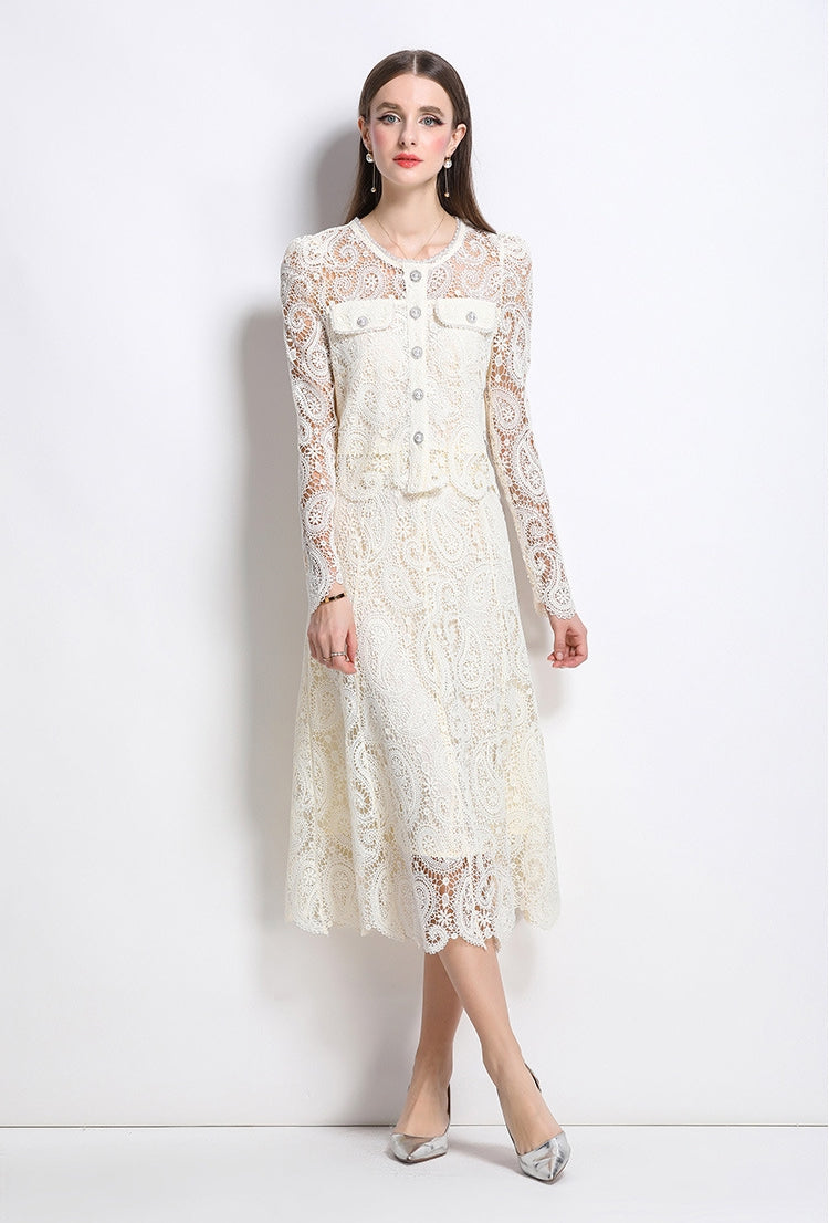 Elegant Long-Sleeve Lace Midi Dress – Ivory White