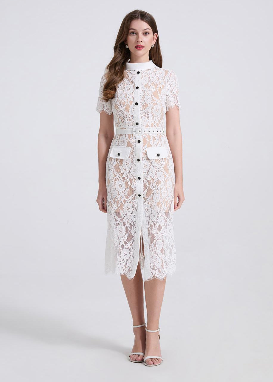 Elegant White Lace Button-Front Midi Dress