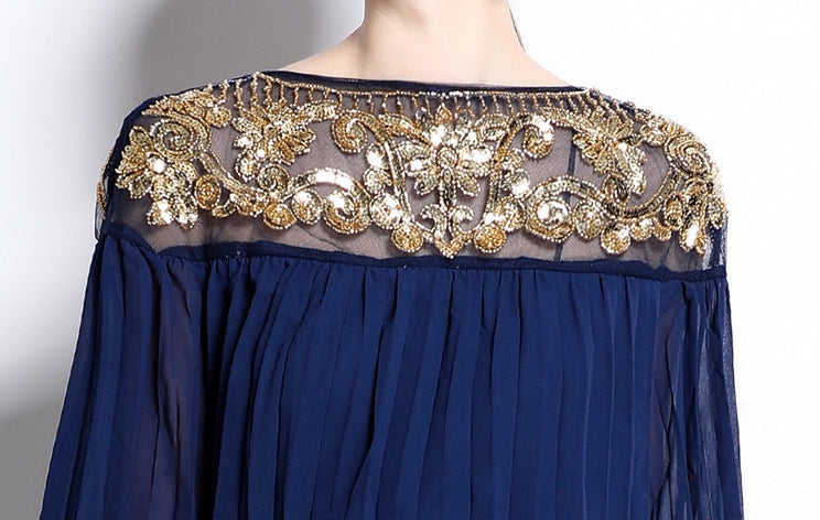 Midnight Majesty Embroidered Pleated Gown