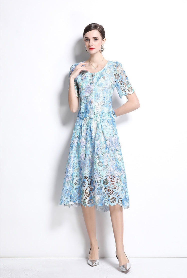 Sky Blue Lace Midi Two Piece Dress