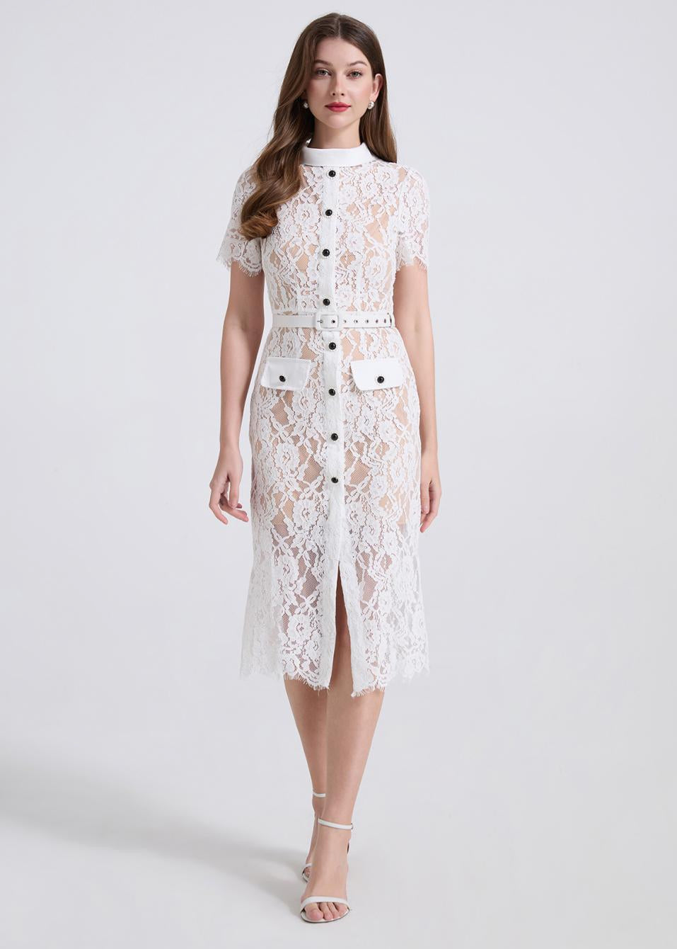 Elegant White Lace Button-Front Midi Dress