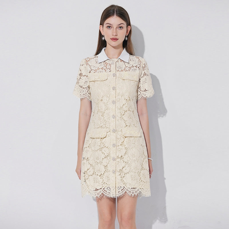 Vanilla Cream Collared Lace Utility Dress - 902176944234_APRICOT