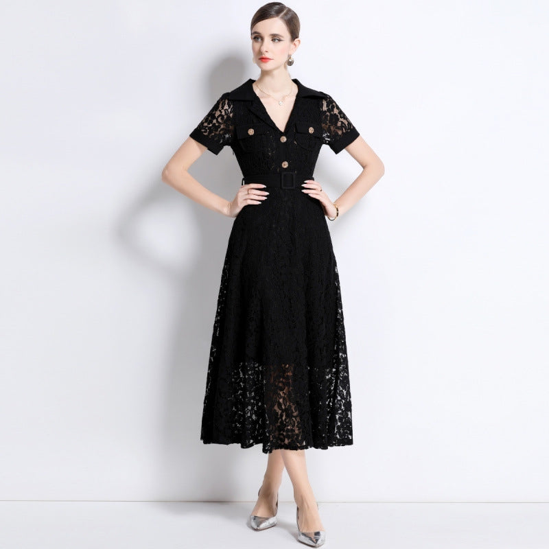 Black Lace Military Midi Dress