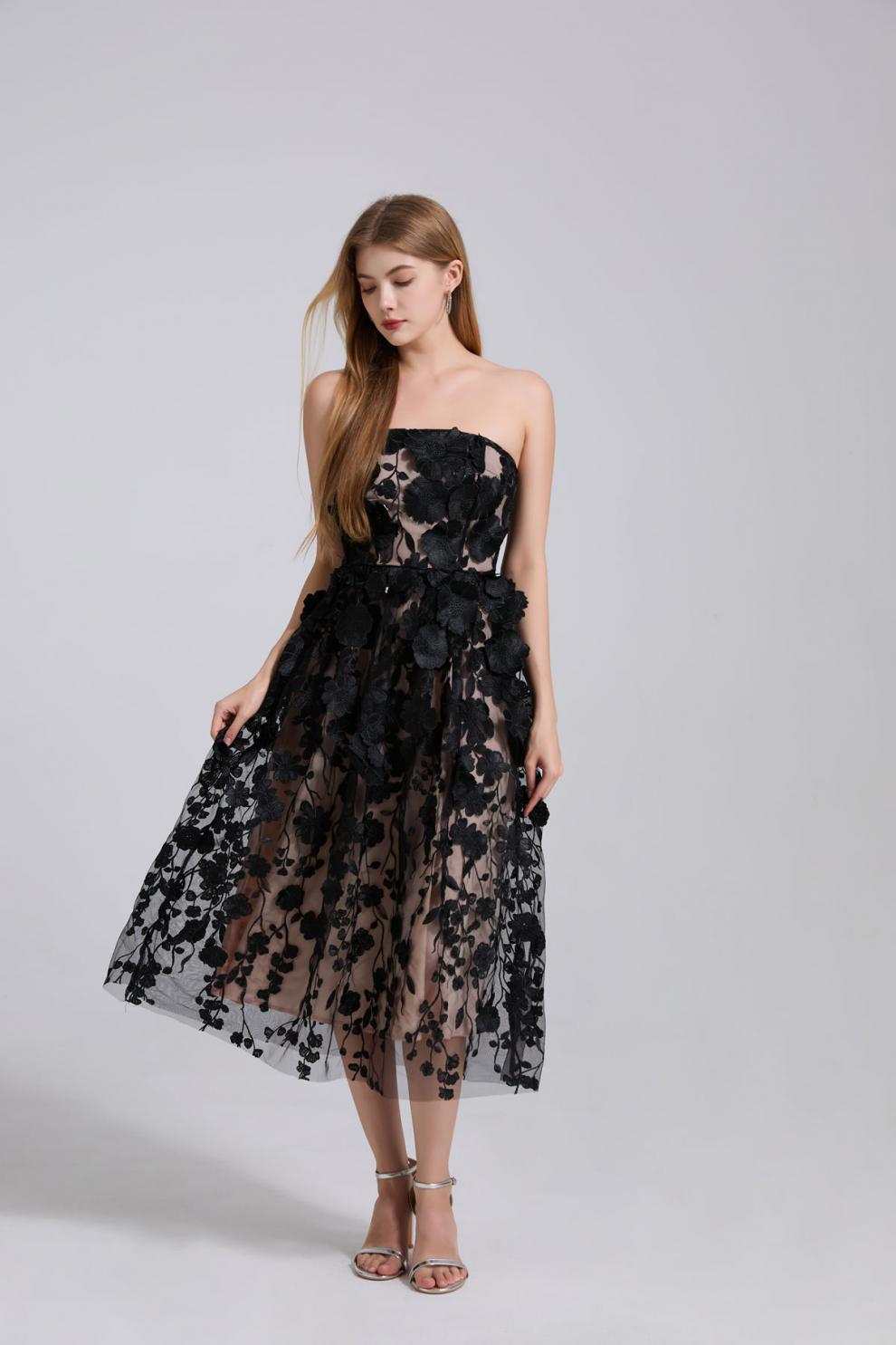 Midnight Bloom Strapless Tulle Dress - 912071976607_BLACK