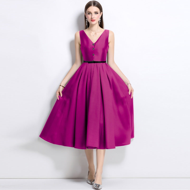 Elegant Magenta V-Neck Buttoned Midi Dress