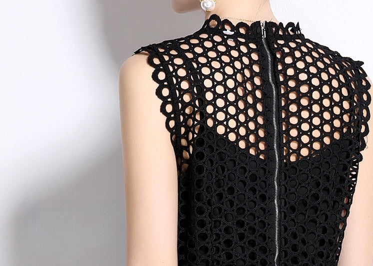 Black Hollow-Out Lace Midi Dress