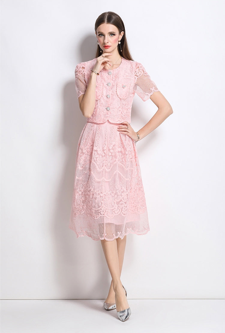 Elegant Lace Vintage Two Piece Midi Dress – Blush Pink