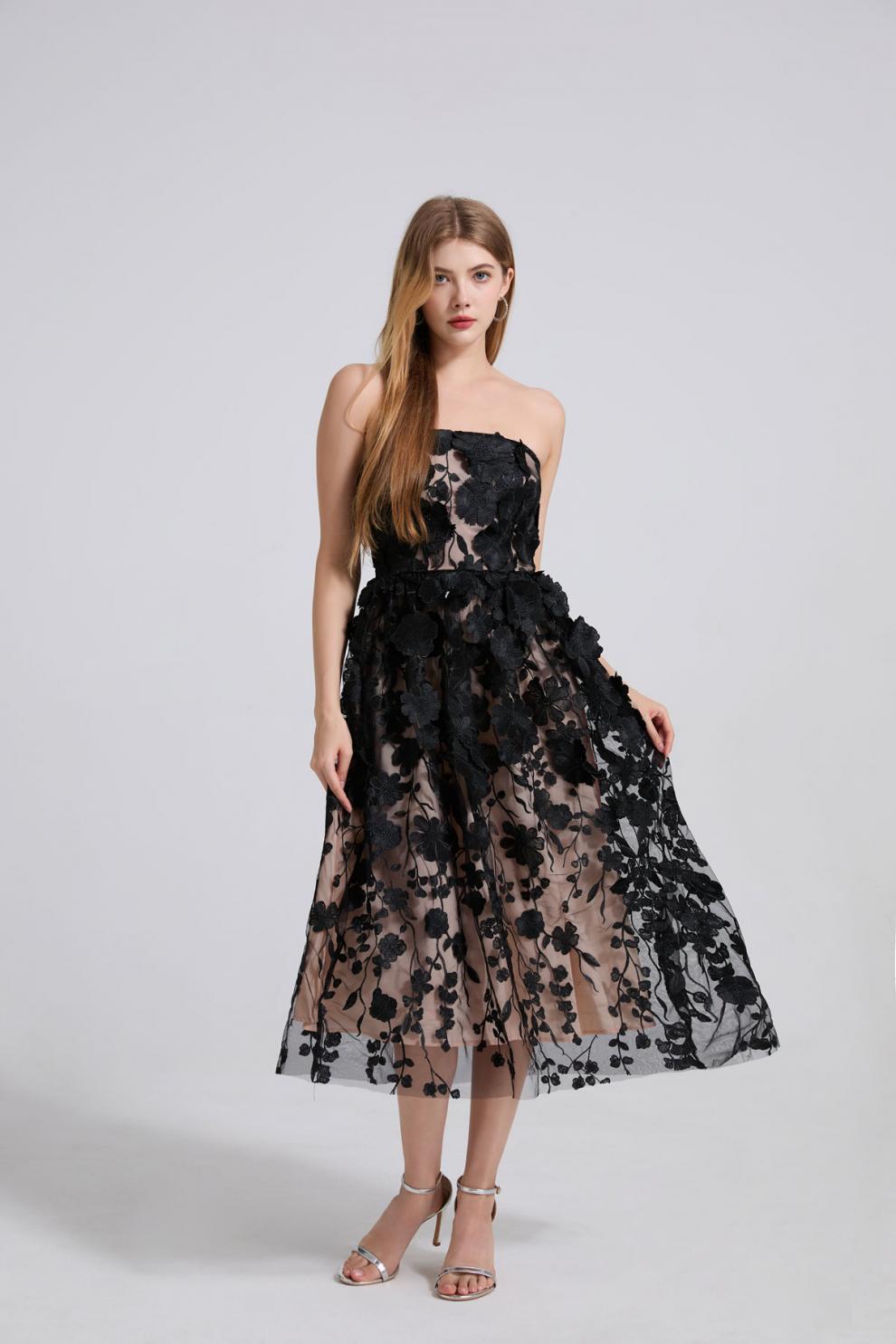 Midnight Bloom Strapless Tulle Dress - 912071976607_BLACK